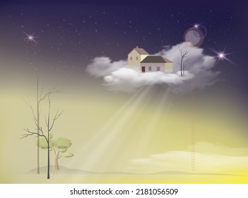 Houses and trees on the clouds against the background of the night sky with moon and stars. The mystical, surreal, imaginary world, dream island. Vector illustration.