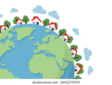 Houses and trees on planet Earth, Greenland, Europe, North Africa. Global community concept. Living together on our world. for environmental themes or real estate marketing.
