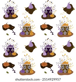 Houses with trees and pumpkins.  Autumn pattern in flat cartoon style.autumn holiday .