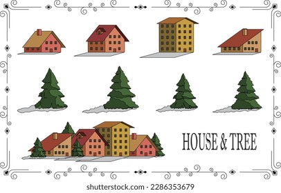 Houses and Trees set hand drawn style