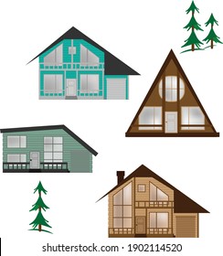 Houses with trees in the style of flat on a white background. Vector illustration of one-story and two-story cottages with a garage. Design for posters, textiles, postcards, icons, separate element.