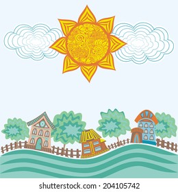 Houses trees summer landscape sun vector illustration