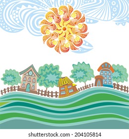 Houses trees summer landscape sun vector illustration