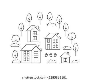 Houses with trees in village or cityscape, line art. Landscape and residential building. Exterior home in country landscape. Vector outline illustration