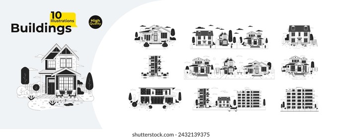 Casas tipo paquete de ilustración plana de dibujos animados en blanco y negro. Edificios residenciales modernos objetos lineales 2D aislados. Vivienda en casa vida exterior monocromo vector contorno colección de imágenes