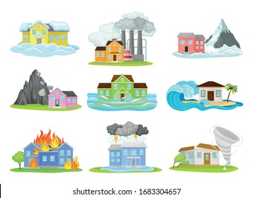 Houses Undergoing Natural Disasters Like Fire and Tornado Vector Set