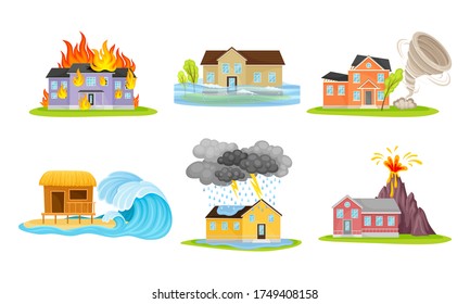 Houses Undergoing Natural Disasters Like Fire and Tornado Vector Set