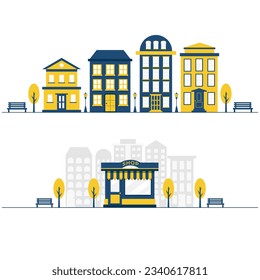 Houses. Urban street scene with houses. Store facade. Shops fronts on street. Vector illustration for web design, application interface, infographics.