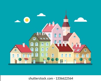 Houses - Vector Flat Design Buildings. Abstract Village or Town.