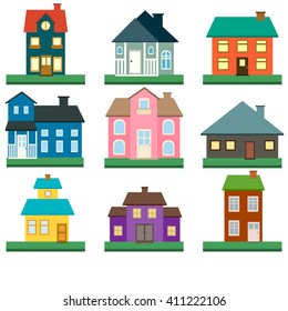 Houses vector icons set. Colorful flat design style house. Private residential architecture. Modern buildings. Detailed cottage houses. Home exterior. Isolated on white background. Estate.
