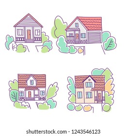 Houses  vector illustration front view with roof. Modern flat style. Townhouse building apartment. Home facade with doors, windows and trees.
