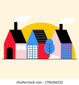 
 casas vectoriales ciudad con árboles planos y edificios coloridos