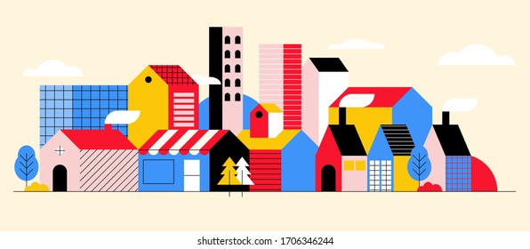 
 houses vector set city with flat trees and colorful buildings