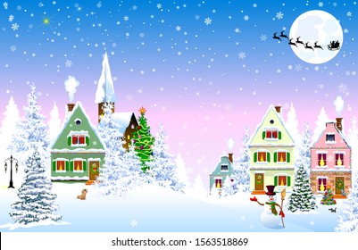 Houses, village, church, forest, trees. Winter rural landscape. Christmas Eve Night. Snowflakes in the night sky. Santa on a sleigh against the background of the moon. Christmas winter night scene.