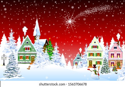 Houses, village, church, forest, trees. Christmas star over the village. Winter rural landscape. Christmas Eve night. Snowflakes in the night sky. Christmas winter night scene on a red background.