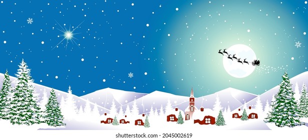 Houses, village, church, forest. Winter rural landscape. Snow-capped mountains. Christmas Eve. Snowflakes in the night sky. Santa Claus on a sleigh with reindeer against the background of the moon.