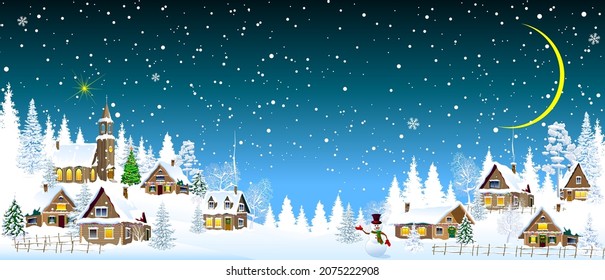 Houses, village, church, spruce. Winter rural landscape. Christmas night. Snow, snow-covered houses, forest. Snowman.