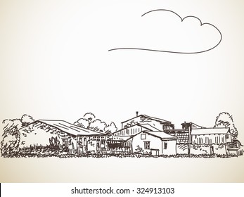 Houses in village, Countryside landscape, Hand drawn illustration sketch.