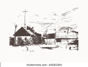 Houses in village, Countryside landscape, Hand drawn illustration sketch.