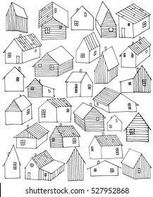 Houses village wooden buildings sketch hand drawing pattern set.