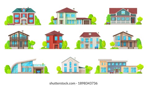 Houses, villas and mansion real estate building icons. Luxury bungalow, modern cottage and contemporary house buildings facade with porch, pitched roof and garage flat vector. Suburban townhouse