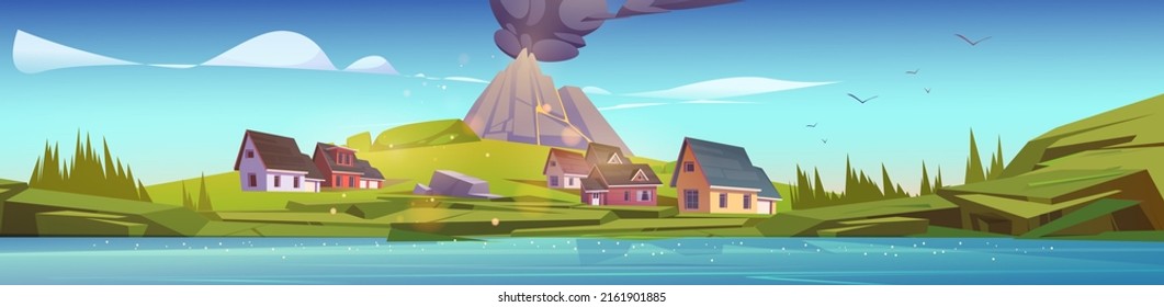 Casas y volcanes con nubes de humo negras. Dibujo vectorial de la erupción volcánica en el paisaje rural estival con costa de aldeas, montañas y ríos