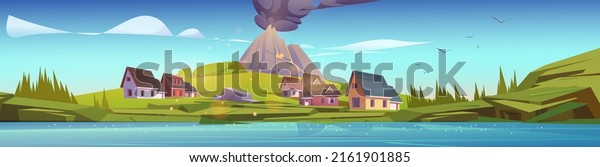 Houses and volcano with black smoke\
clouds. Vector cartoon illustration of volcanic eruption on summer\
rural landscape with village, mountain and river\
coast