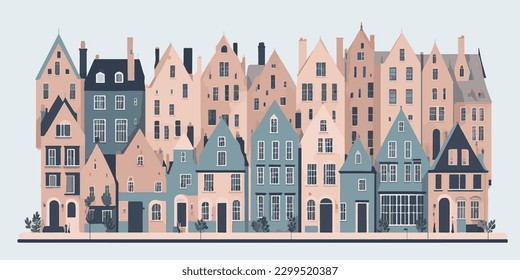 Houses, wall of houses, row of houses, vector illustration