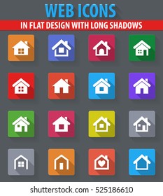 Houses web icons in flat design with long shadows
