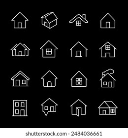Houses, white line icons. Various house designs and buildings. real estate and architecture themes. Symbols on black background. Editable stroke.