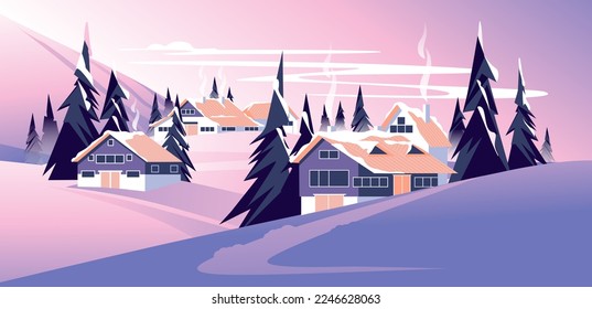 houses in a winter fairy tale landscape. Snow-covered coniferous hills at sunset. Holiday season. Vector illustration