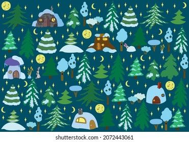 Houses in the winter forest.