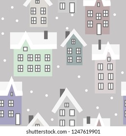 Houses, winter town, vector seamless pattern