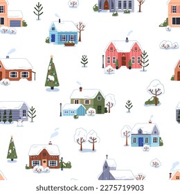 Houses in winter village, seamless pattern. Endless countryside landscape background, repeating print with cute country homes, snow in nature. Flat vector illustration, repeating print design