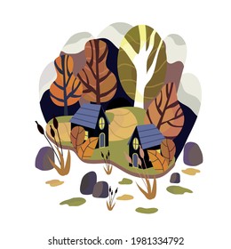 Houses in the woods. Landscape with mountains and a lake. Flat illustration. Autumn nature, village. Vector illustration of a rustic background for any design. Postcard.