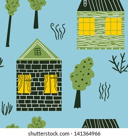 houses in the woods vector seamless background