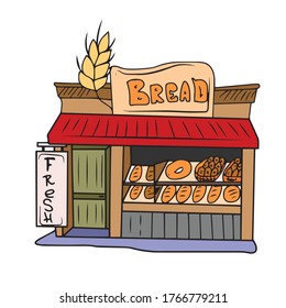 Houses-bread bakery vector illustration front view with roof. Modern. Facade of the house with doors and Windows .
