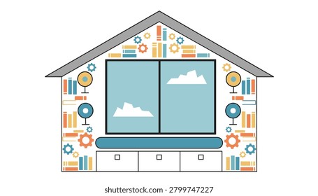House-shaped bookshelf unit featuring books, globes, gears, and storage drawers, designed for educational, library, or home decor organization themes.