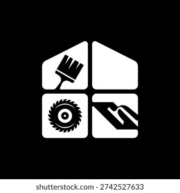 A house-shaped icon is divided into four sections, each containing a different tool: a paintbrush, a circular saw blade, and a trowel, symbolizing construction and home improvement.