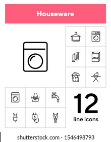 Houseware line icon set. Set of line icons on white background. Iron, electricity, washing machine. Household concept. Vector illustration can be used for topics like house, home, technics