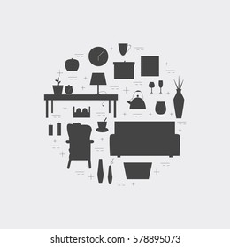 Houseware vector elements. Homewares black icon set. Interior design round concept.