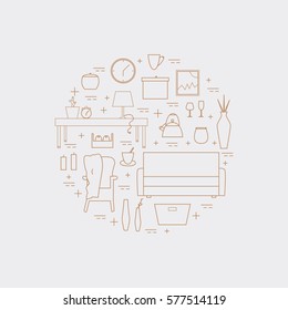 Houseware vector elements. Homewares line icon set on a white background. Interior design round concept.
