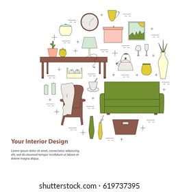 Housewares vector elements. Home appliances line icon set. Interior design round concept with simple text.