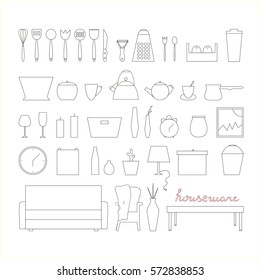 Housewares vector elements. Home wares line icon set.