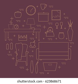 Housewares vector elements. Homewares line icon set on a white background. Interior design round concept.