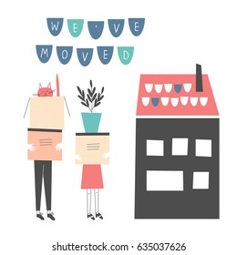 Housewarming, apartment moving, new dwelling concept. Young couple with cardboard boxes and cat near new house. Hand drawn cartoon vector illustration. Isolated on white background