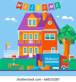 Housewarming, apartment moving, new dwelling concept. Fast delivery truck and cardboard boxes. Vector illustration
