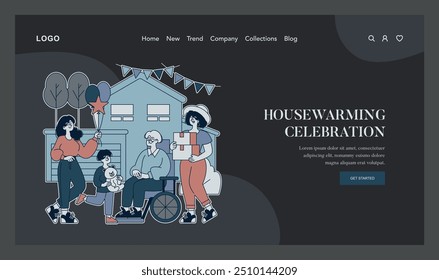 Housewarming Celebration concept. Family and friends gather to celebrate a new home with gifts, balloons, and joy. Heartwarming welcome to new beginnings. Vector illustration.