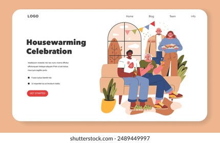 Housewarming Celebration concept. Friends gather for a new home party, sharing food and drinks, joyful ambiance. Cozy interior with festive decorations. Vector illustration.