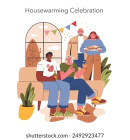 Housewarming celebration concept. Friends gather in a cozy living room sharing food, drinks, and laughter. Warmth of new beginnings at home. Vector illustration.